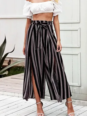 Casual High Waist Split Stripe Wide Leg Pants