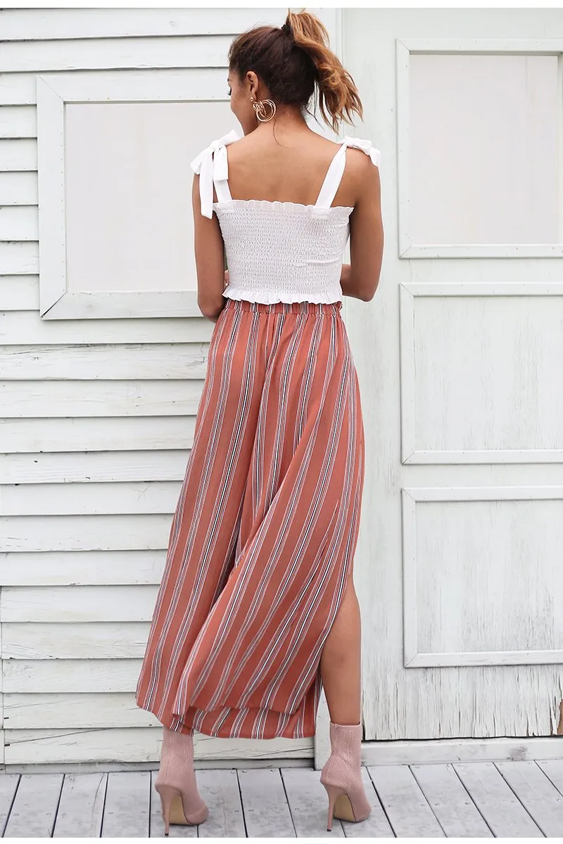 Casual High Waist Split Stripe Wide Leg Pants