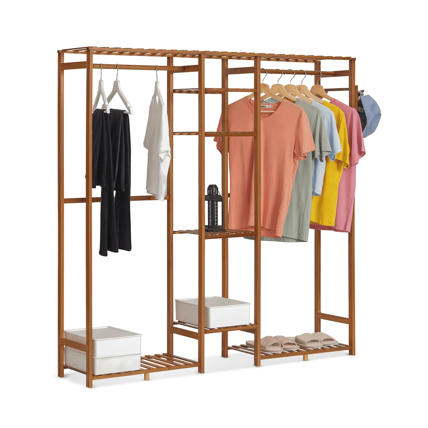 classic Bamboo 6 Tiers Coat Pants Rack, Modern Closet Storage Wardrobe, Hat Hooks, Brown, for Bedroom