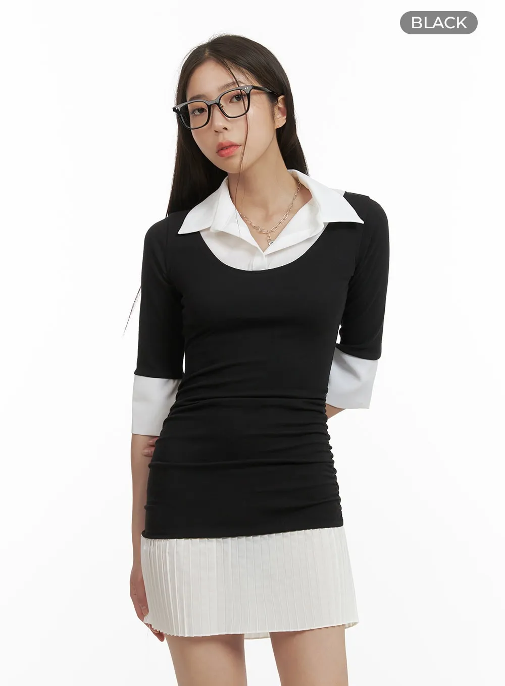 Collar Two-Tone Shirred Mini Dress CY417