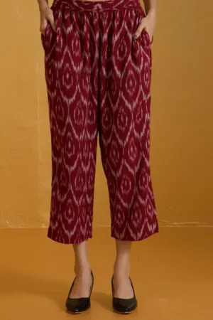 comfort fit ankle length narrow pants  - maroon beige ikat