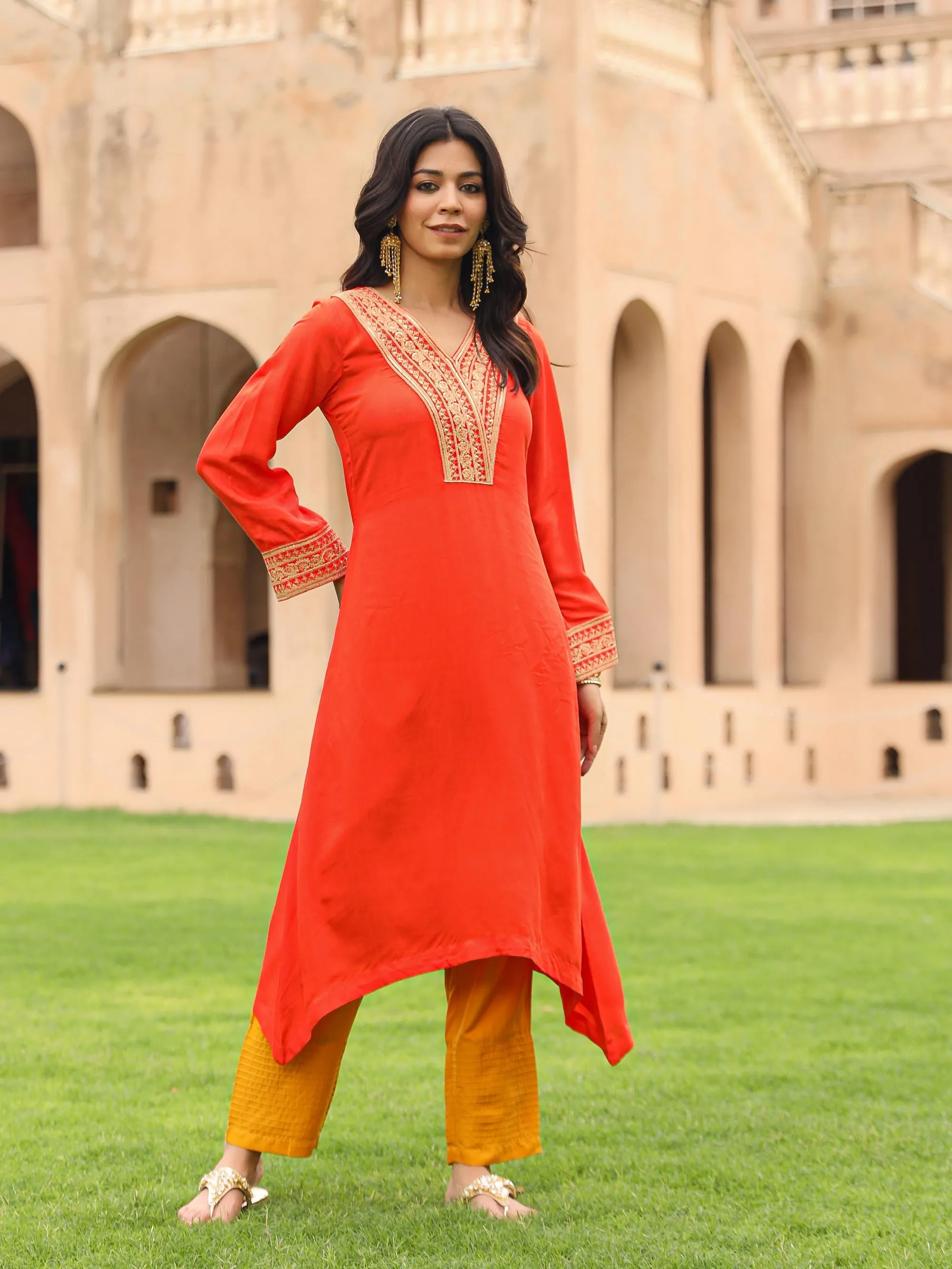 Coral Zari Embroidered Viscose Kurta & Pant Set With Sequins