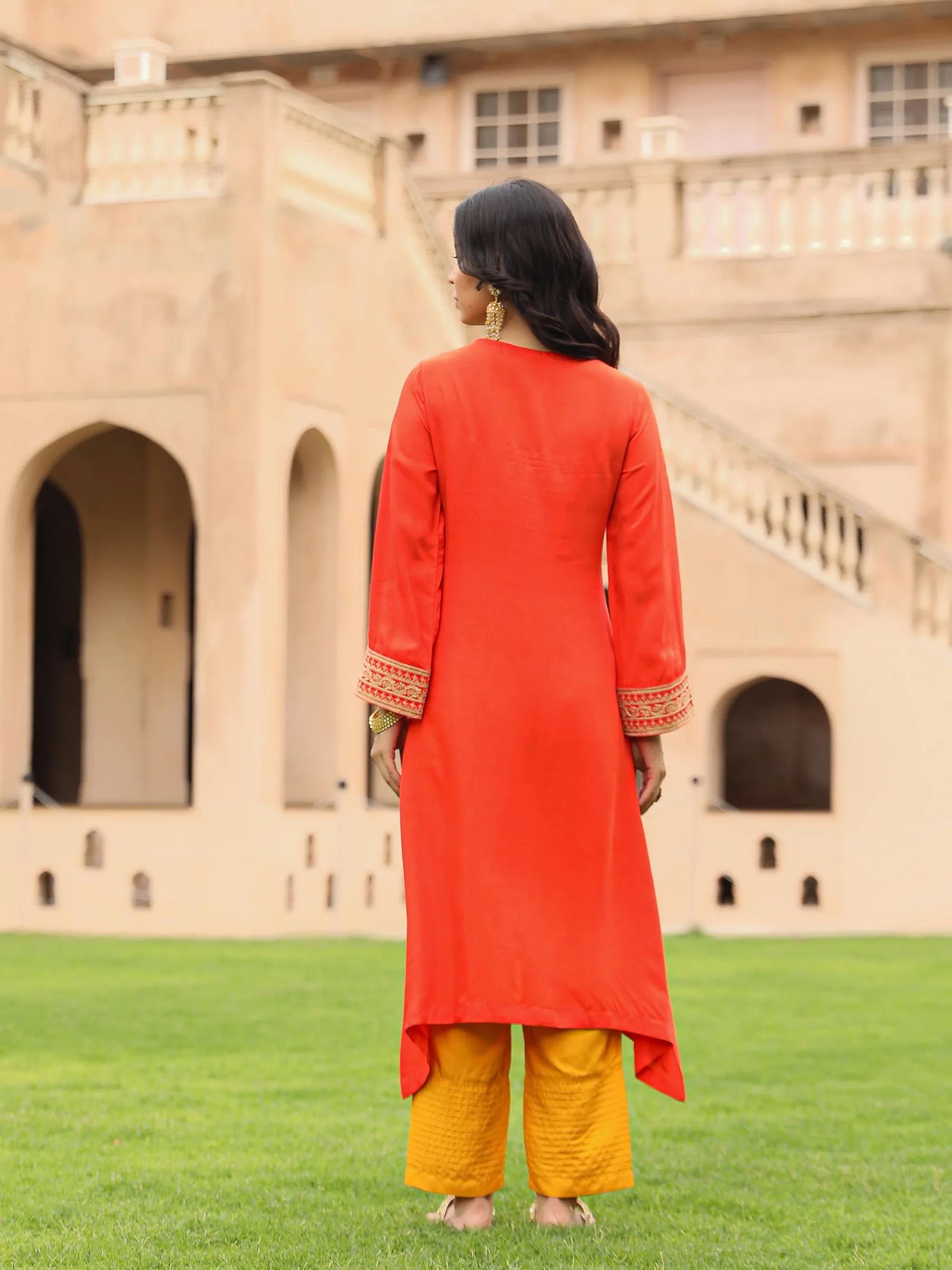 Coral Zari Embroidered Viscose Kurta & Pant Set With Sequins