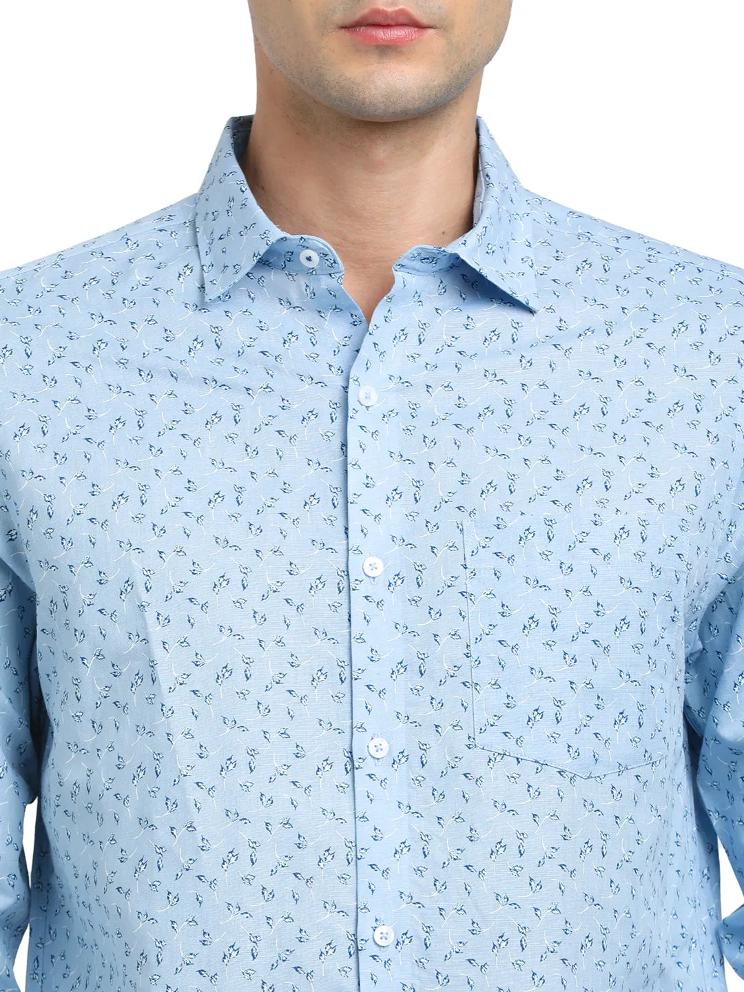 Cotton Linen Blue Printed Slim Fit Full Sleeve Formal Shirt