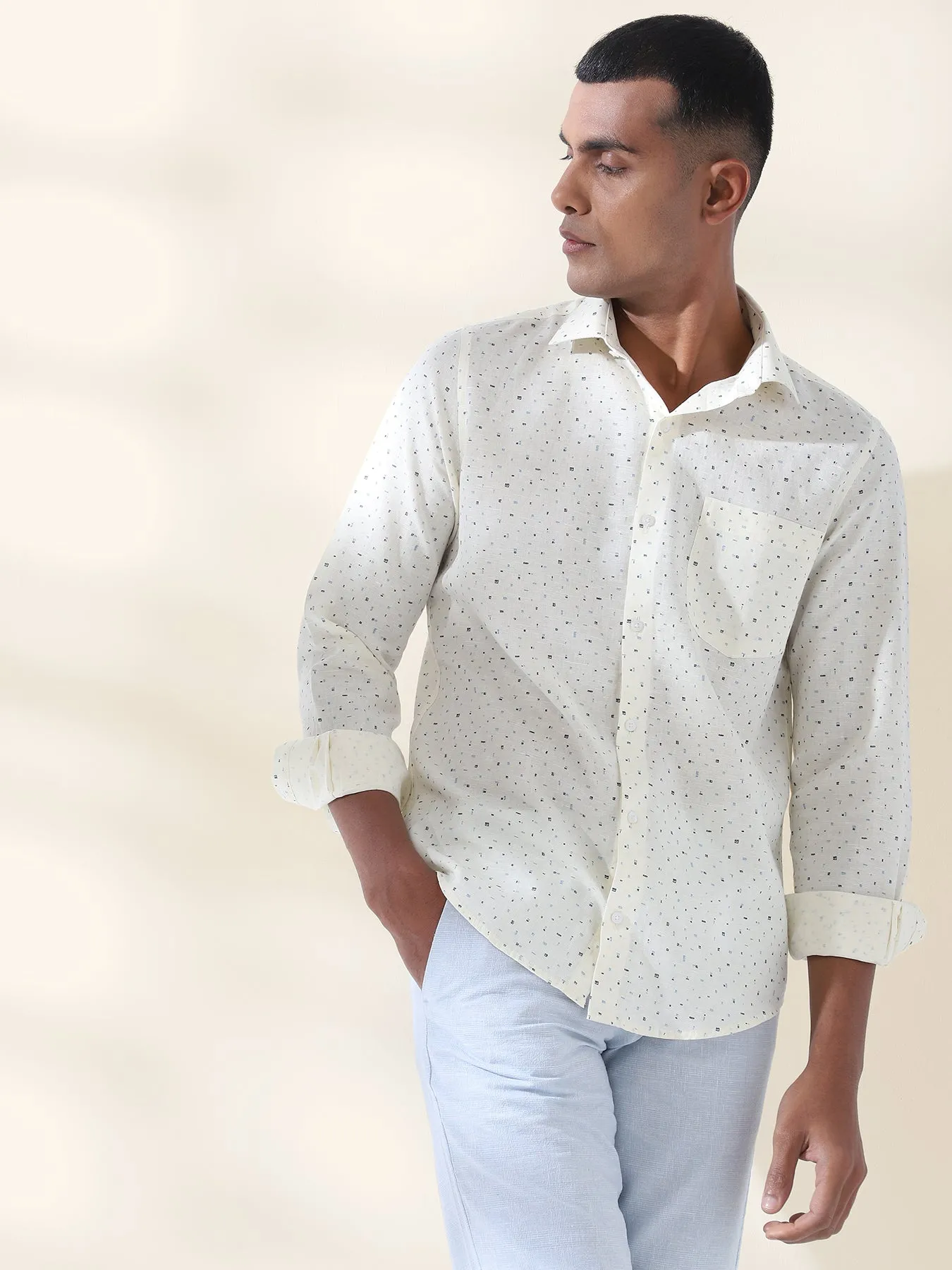 Cotton Linen Cream Printed Full Sleeve Formal Shirt