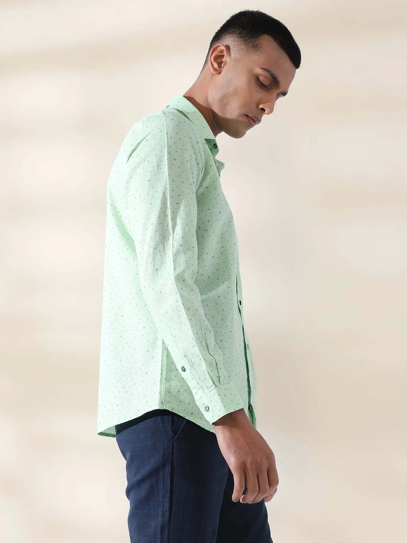 Cotton Linen Green Printed Full Sleeve Formal Shirt