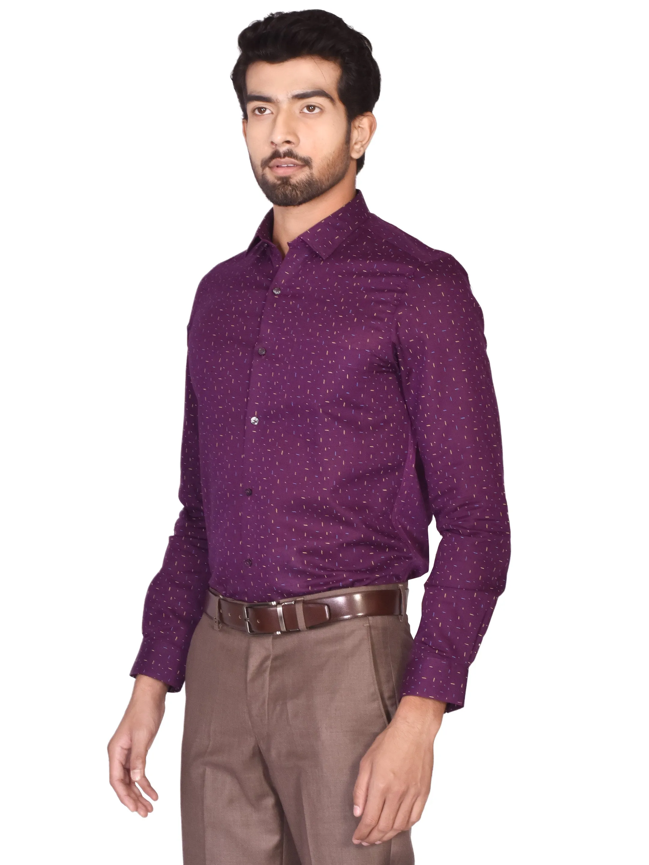 Cotton Linen Purple Printed Slim Fit Full Sleeve Formal Shirt