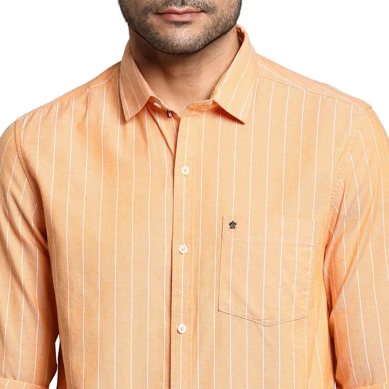 Cotton Orange Slim Fit Striped Casual Shirt