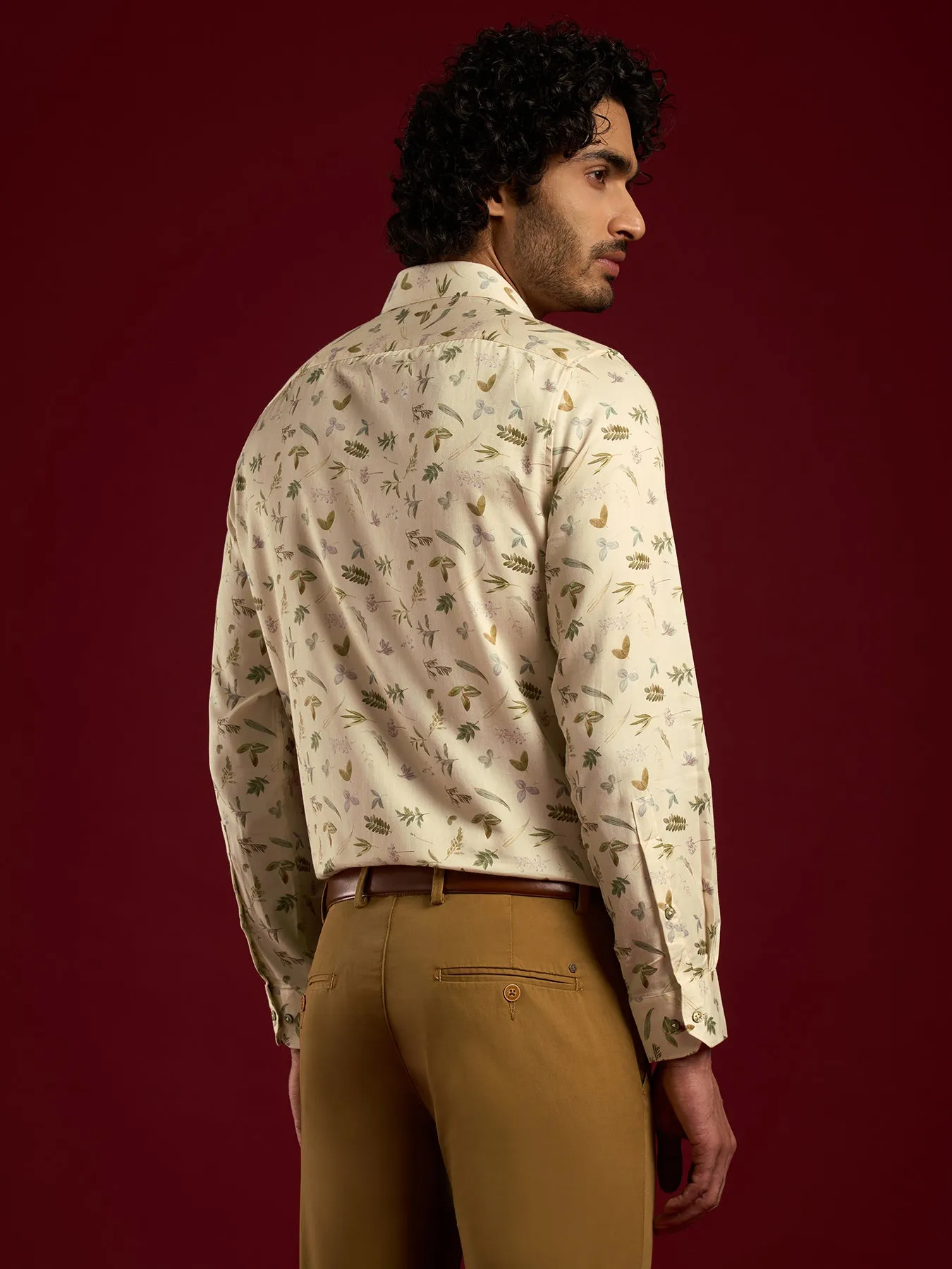 Cotton Tencel Beige Printed Slim Fit Full Sleeve Ceremonial Shirt