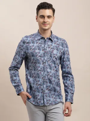 Cotton Tencel Blue Digital Printed Slim Fit Full Sleeve Casual Shirt