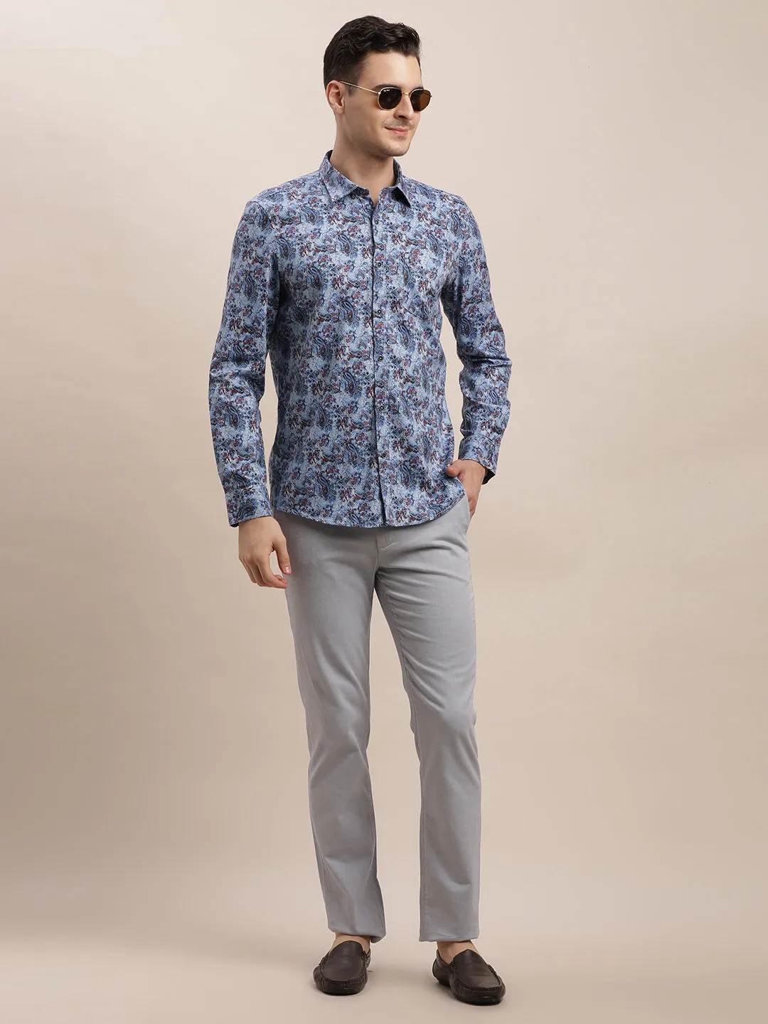 Cotton Tencel Blue Digital Printed Slim Fit Full Sleeve Casual Shirt