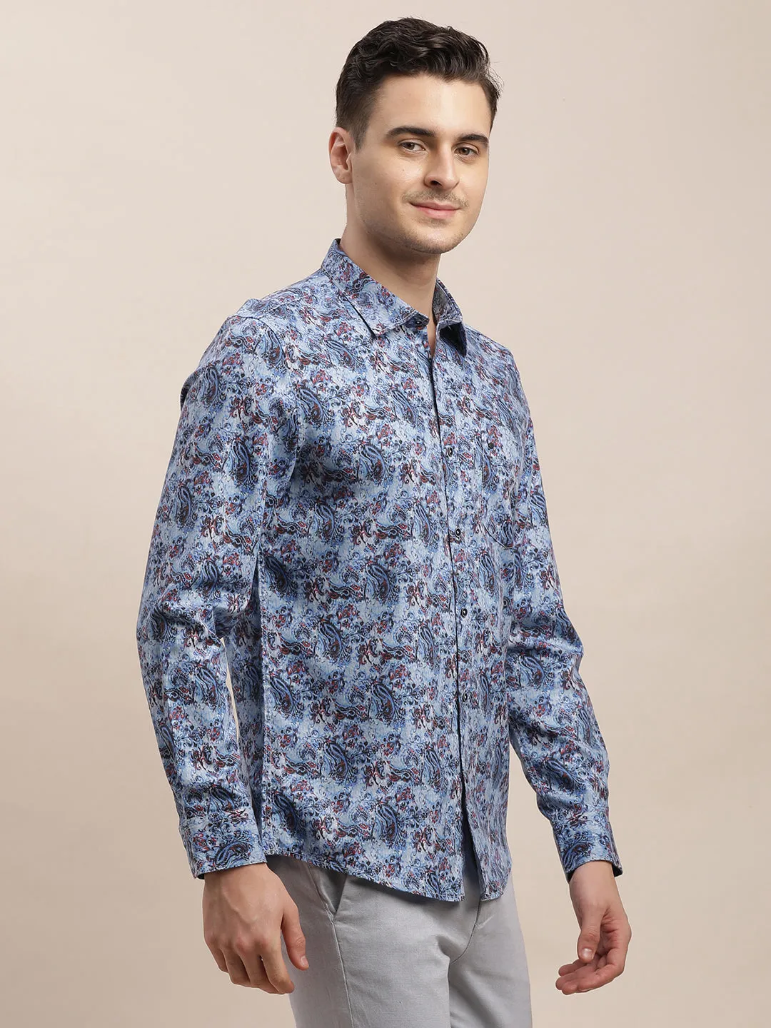 Cotton Tencel Blue Digital Printed Slim Fit Full Sleeve Casual Shirt