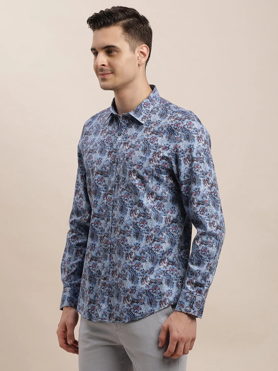 Cotton Tencel Blue Digital Printed Slim Fit Full Sleeve Casual Shirt