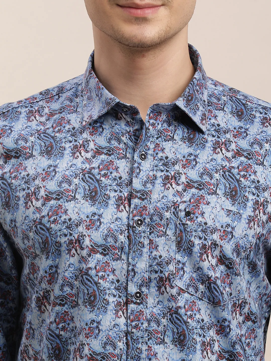 Cotton Tencel Blue Digital Printed Slim Fit Full Sleeve Casual Shirt