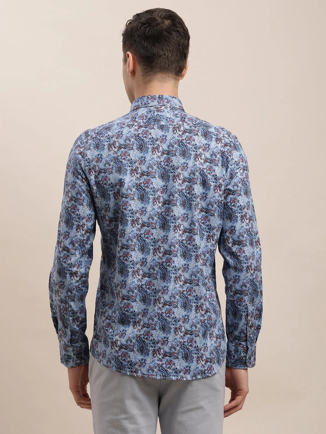 Cotton Tencel Blue Digital Printed Slim Fit Full Sleeve Casual Shirt