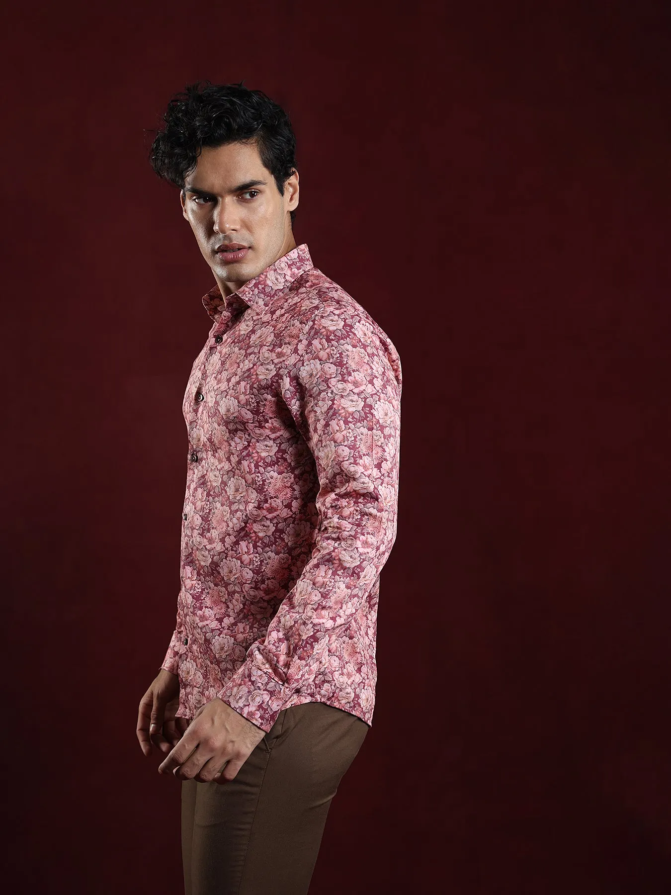 Cotton Tencel Maroon Printed Slim Fit Full Sleeve Ceremonial Shirt