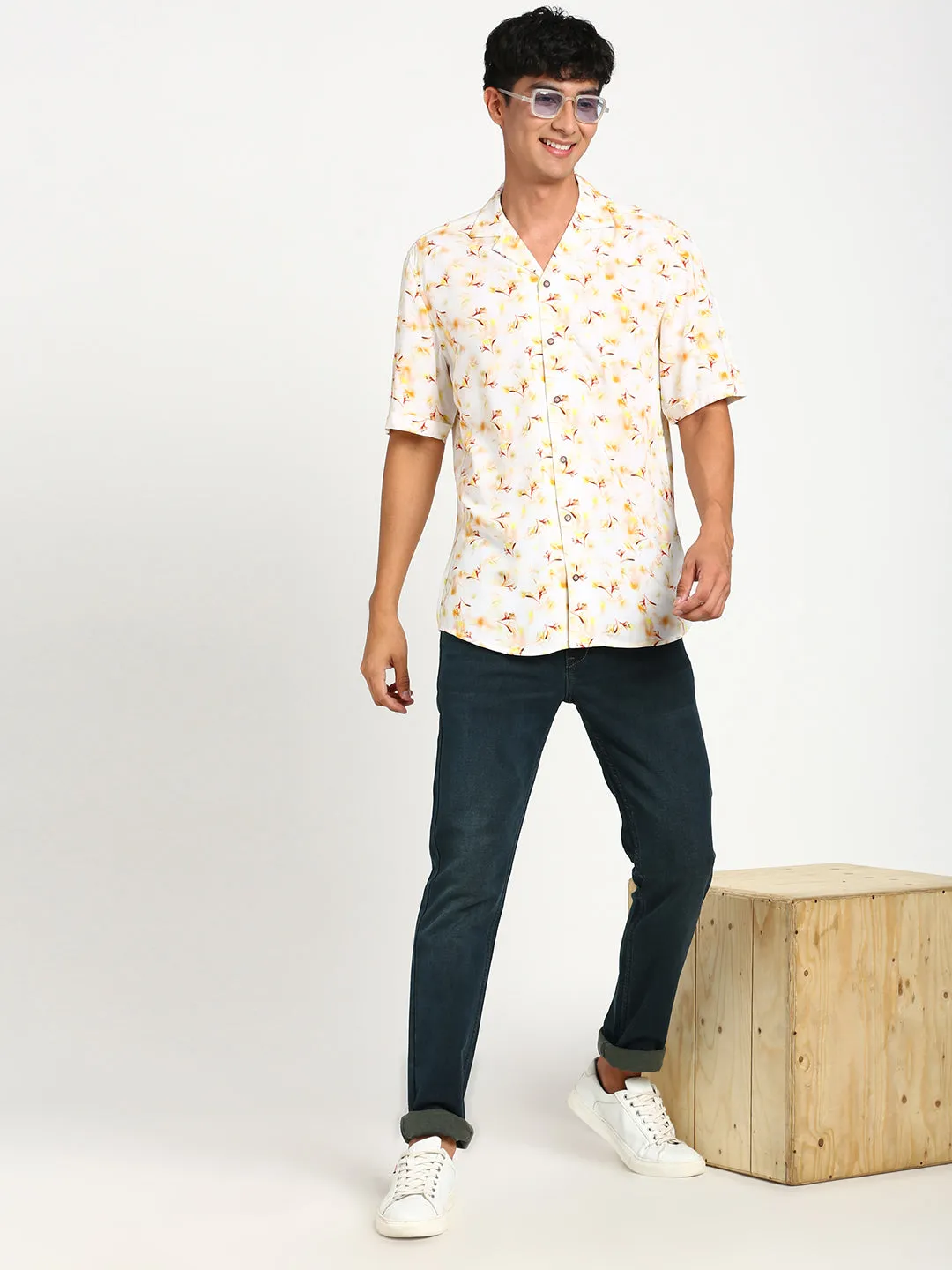 Cotton White Printed Slim Fit Half Sleeve Casual Shirt