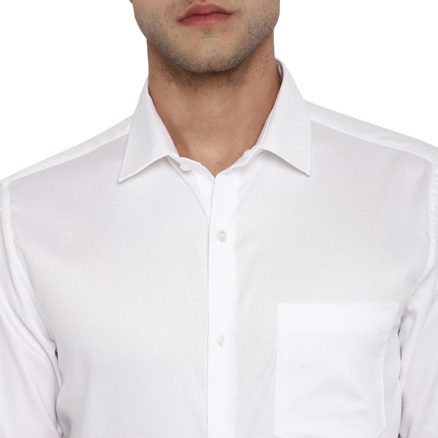 Cotton White Self Design Slim Fit Formal Shirt