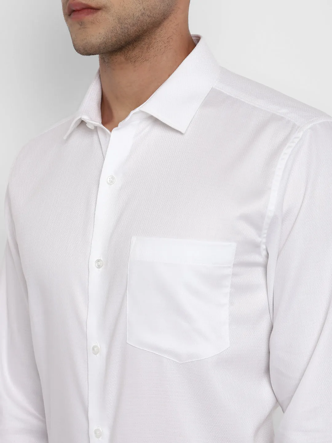 Cotton White Self Design Slim Fit Formal Shirt