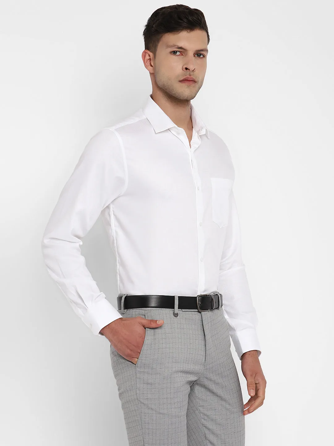 Cotton White Self Design Slim Fit Formal Shirt