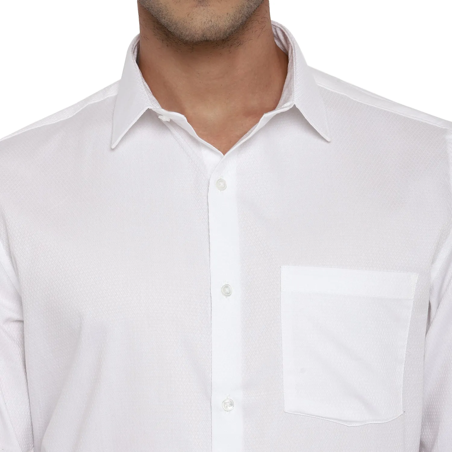 Cotton White Self Design Slim Fit Forml Shirt