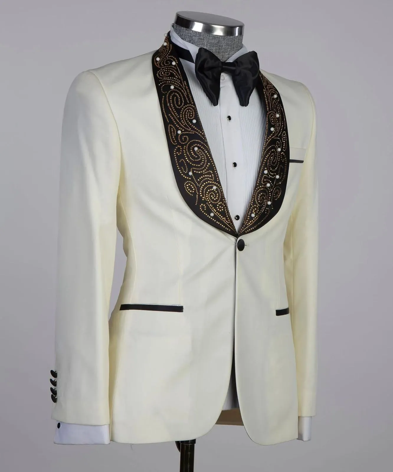 Cream Tuxedo with Designed Black Lapel