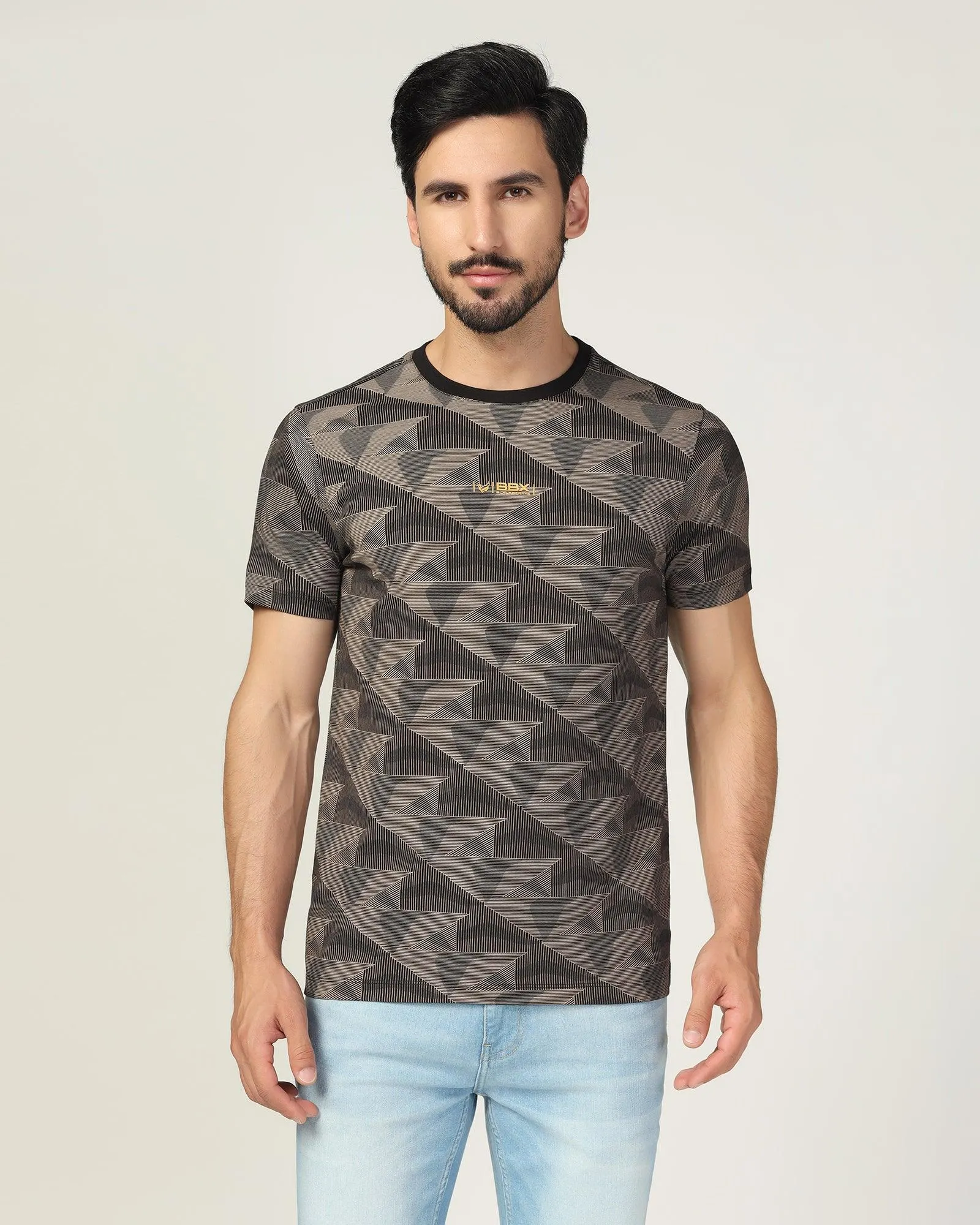 Crew Neck Black Printed T-Shirt - Falcon