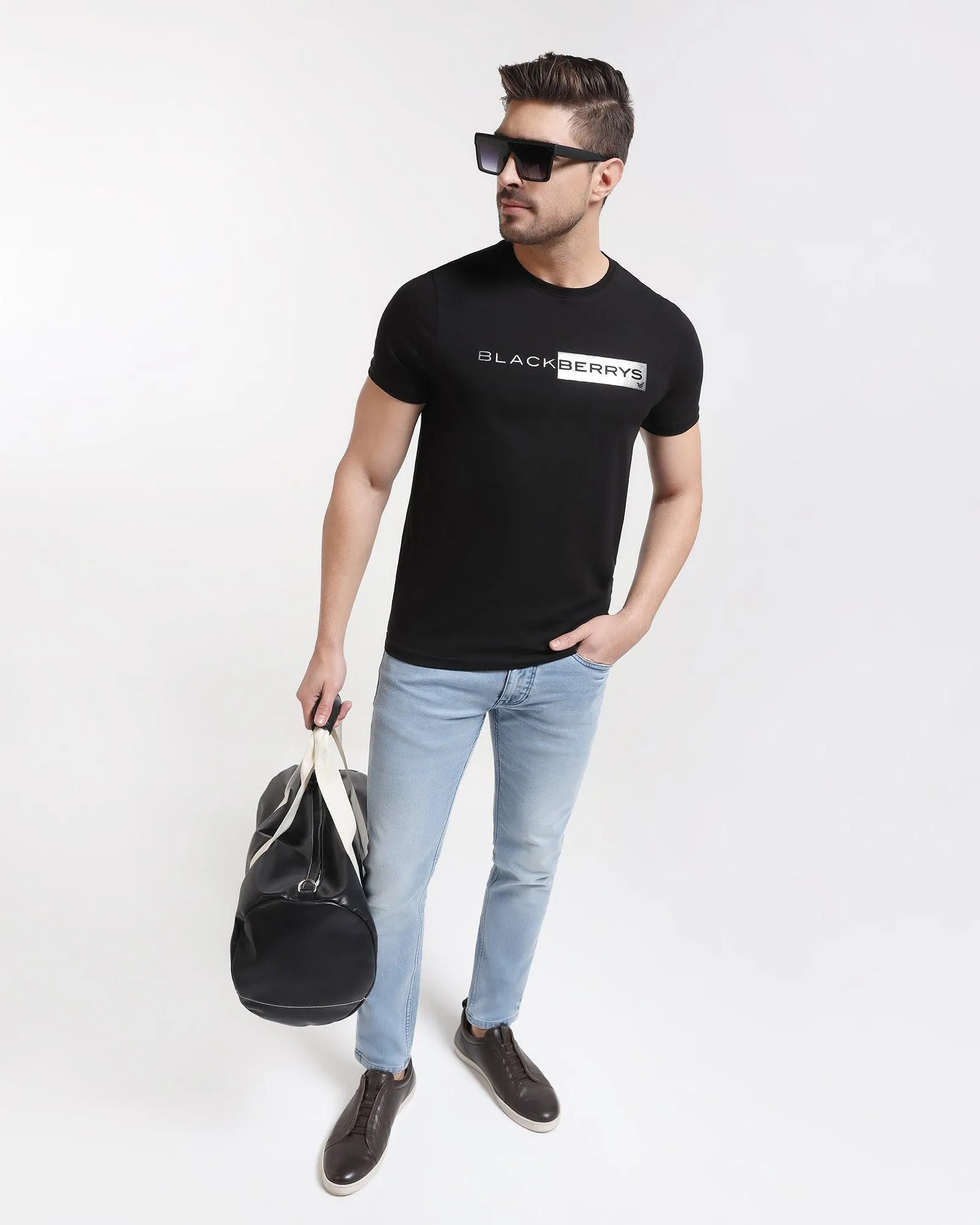 Crew Neck Black Solid T-Shirt - Salsa