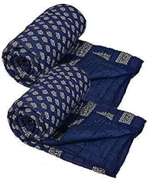 Cure & Care Jaipuri#Rajasthani#Traditional Single Bed Soft Gold Block Silk Print LightWeight Pure Cotton Jaipuri AC Quilt/Razai Navy Blue, Single (55 x 85) (Set of 2)