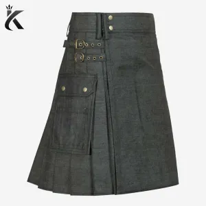 Custom Handmade Denim Black Scottish Utility Kilt - Redefining Comfort and Functionality