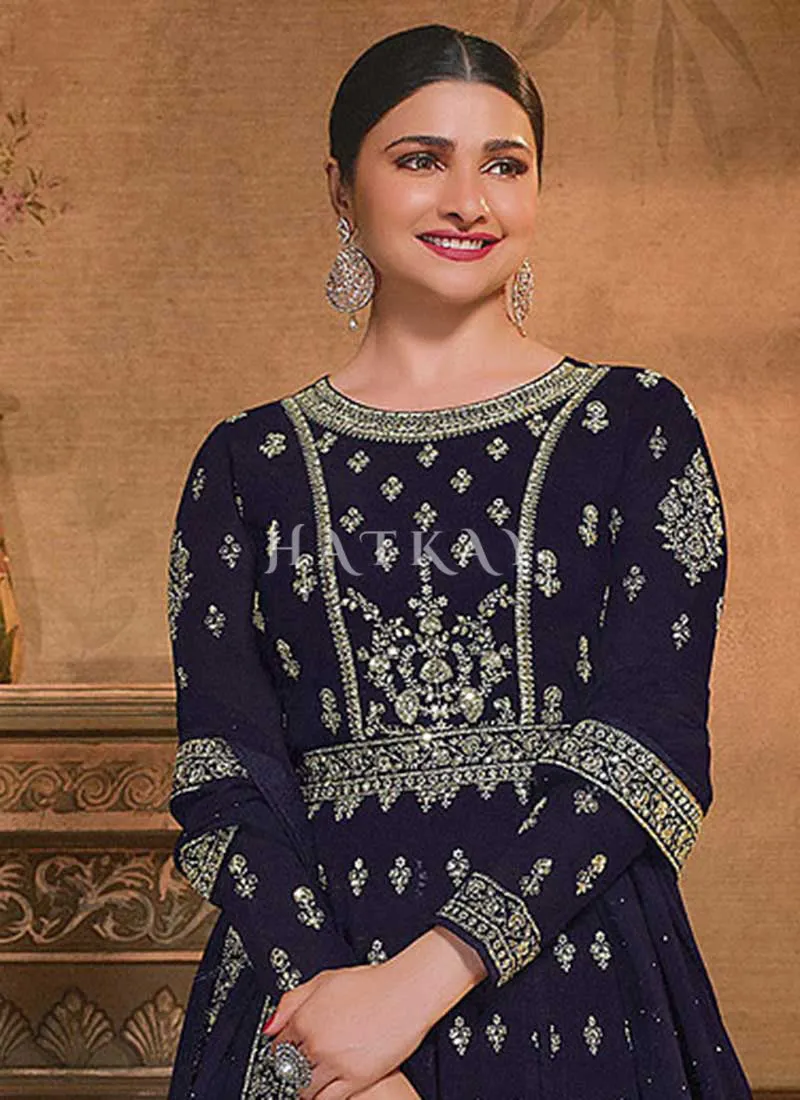 Dark Blue Embroidery Slit Style Anarkali Lehenga