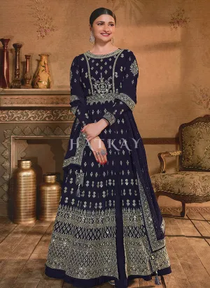 Dark Blue Embroidery Slit Style Anarkali Lehenga