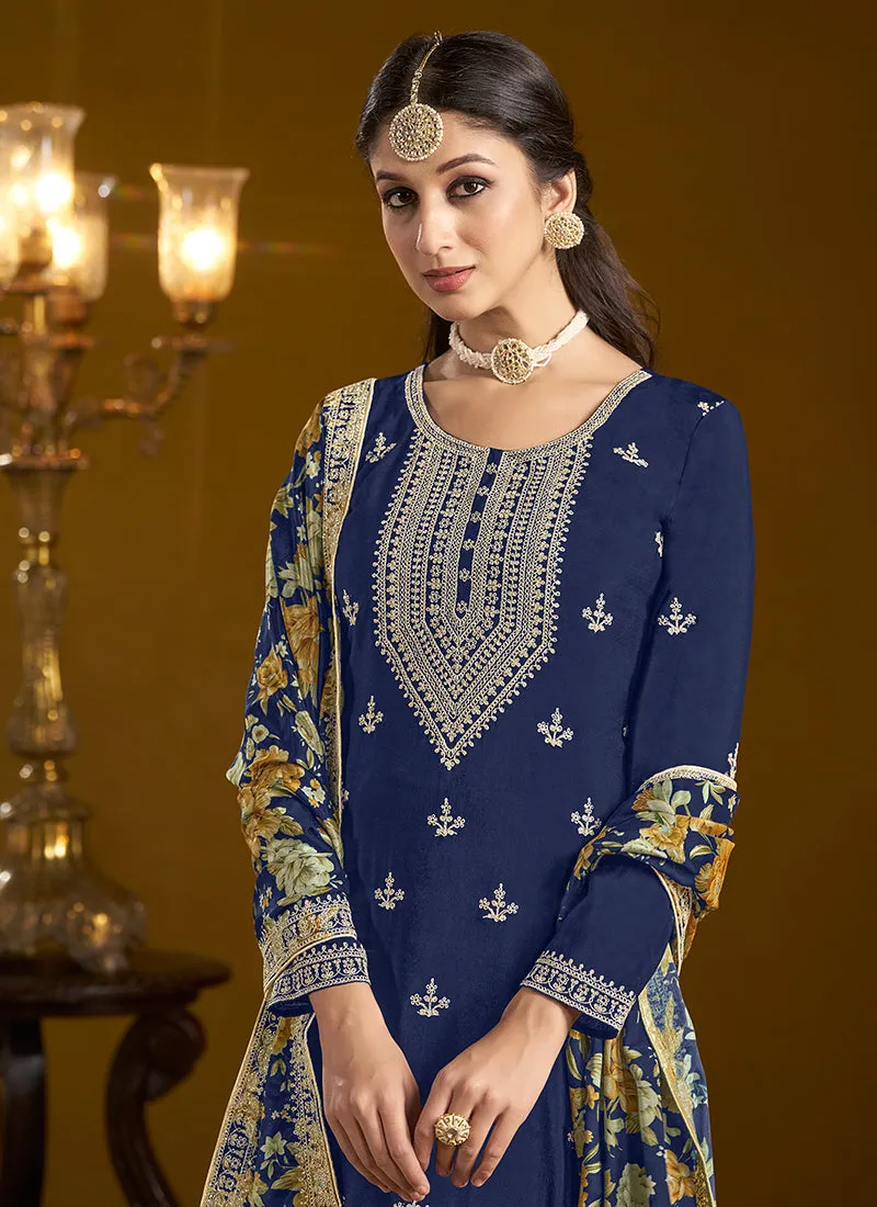 Dark Blue Traditional Embroidery Gharara Style Suit