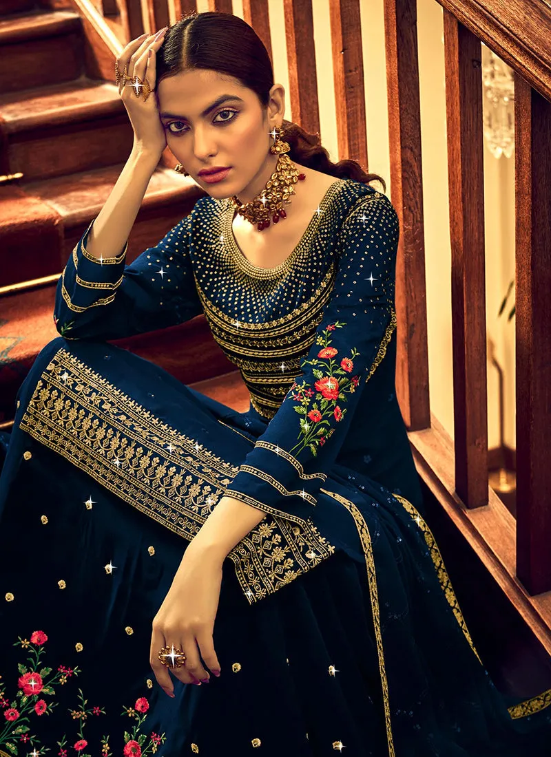 Dark Blue Traditional Embroidery Lehenga Suit