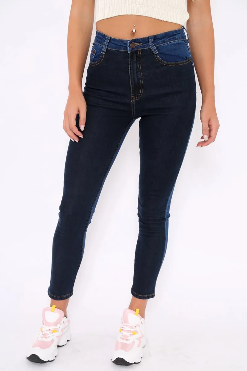 Dark Blue Two Tone Contrast Skinny Jeans - Zakira