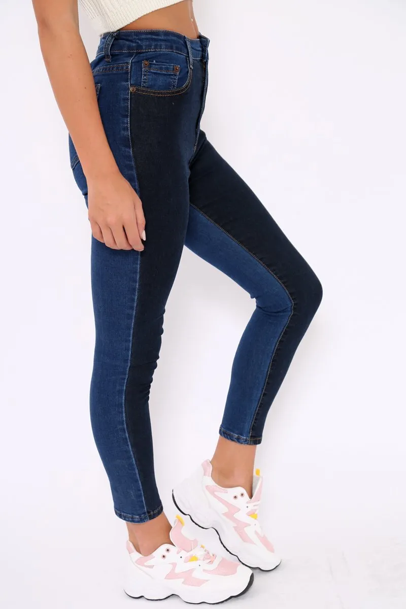 Dark Blue Two Tone Contrast Skinny Jeans - Zakira