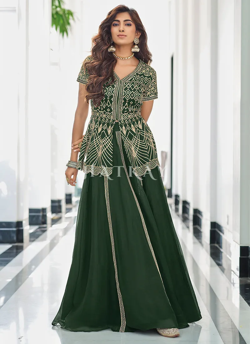 Dark Green Embroidered Traditional Lehenga Kurti Suit