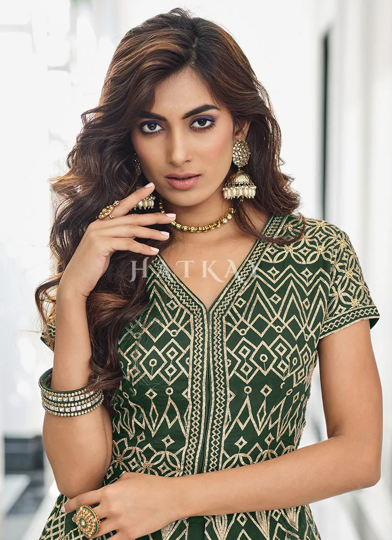 Dark Green Embroidered Traditional Lehenga Kurti Suit