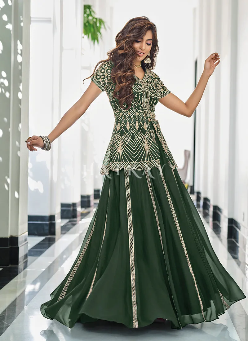 Dark Green Embroidered Traditional Lehenga Kurti Suit