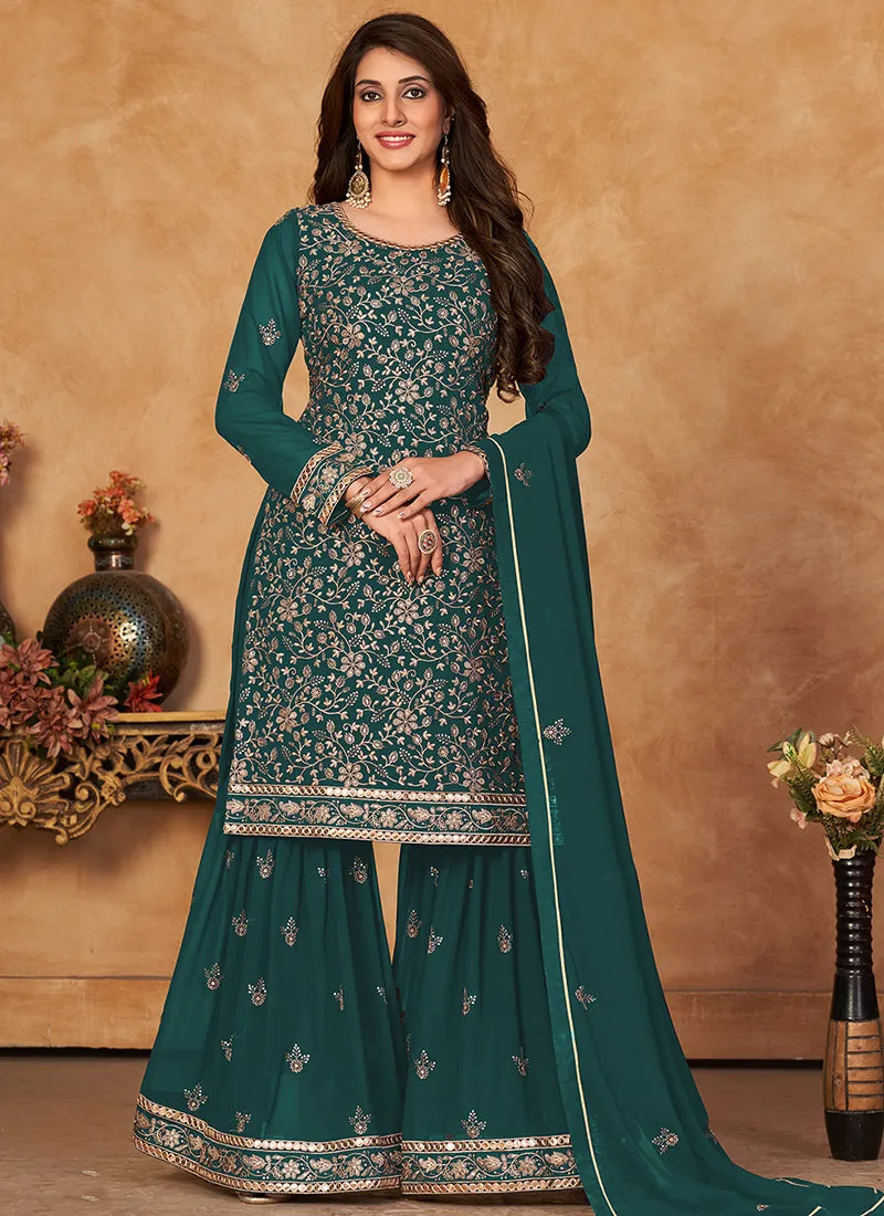 Dark Green Embroidery Festive Gharara Style Suit