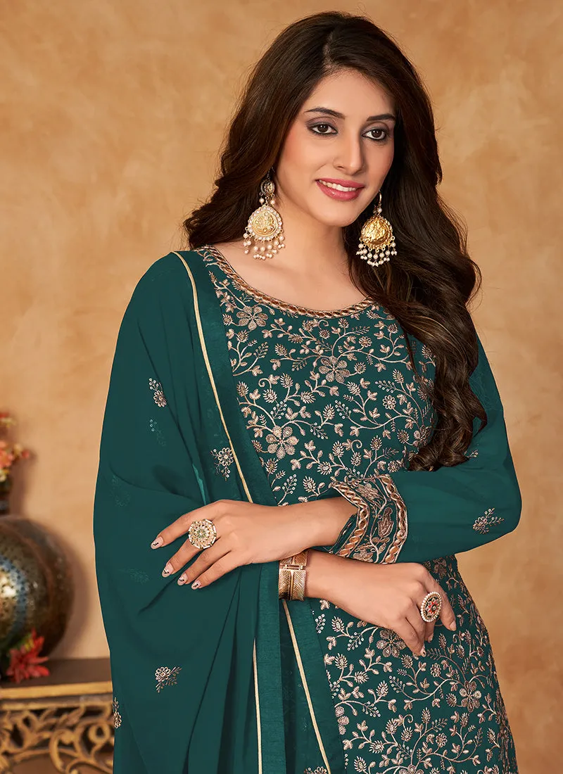 Dark Green Embroidery Festive Gharara Style Suit