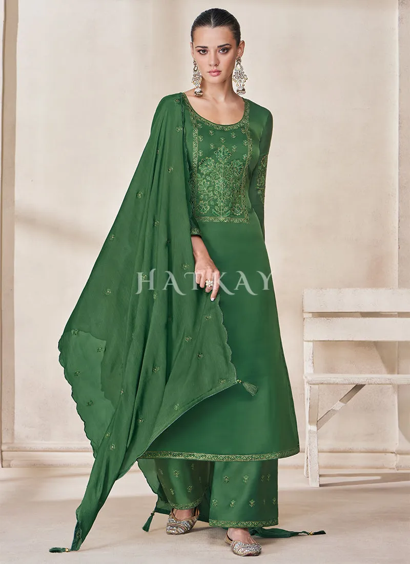 Dark Green Embroidery Traditional Silk Salwar Kameez