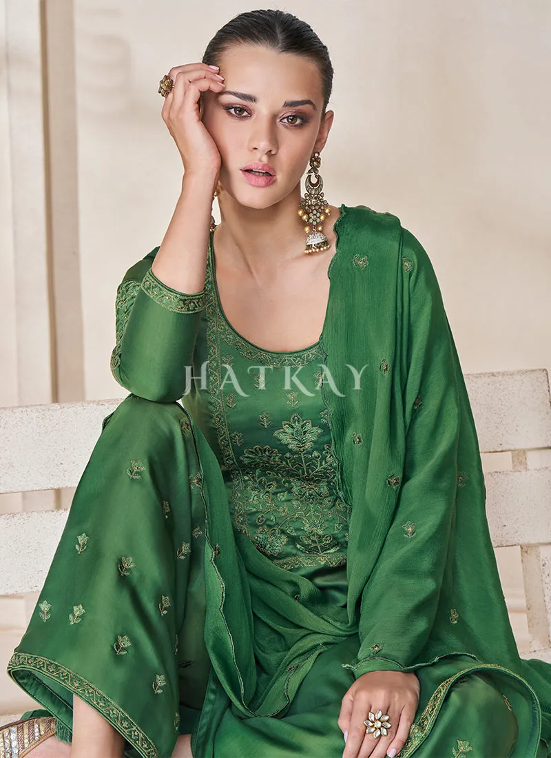 Dark Green Embroidery Traditional Silk Salwar Kameez