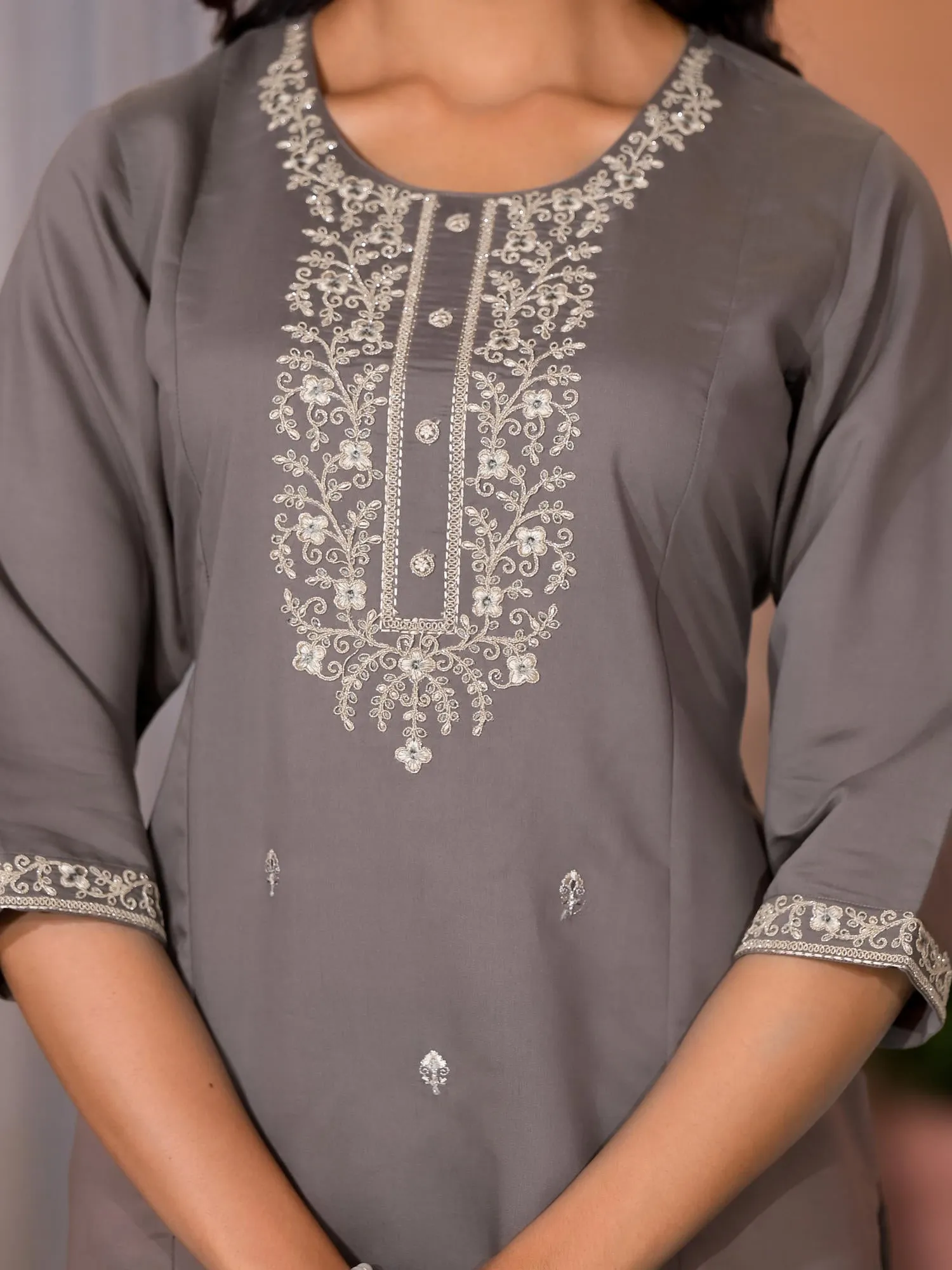 Dark Grey Zari Embroidered Viscose Kurta Pant And Dupatta Set