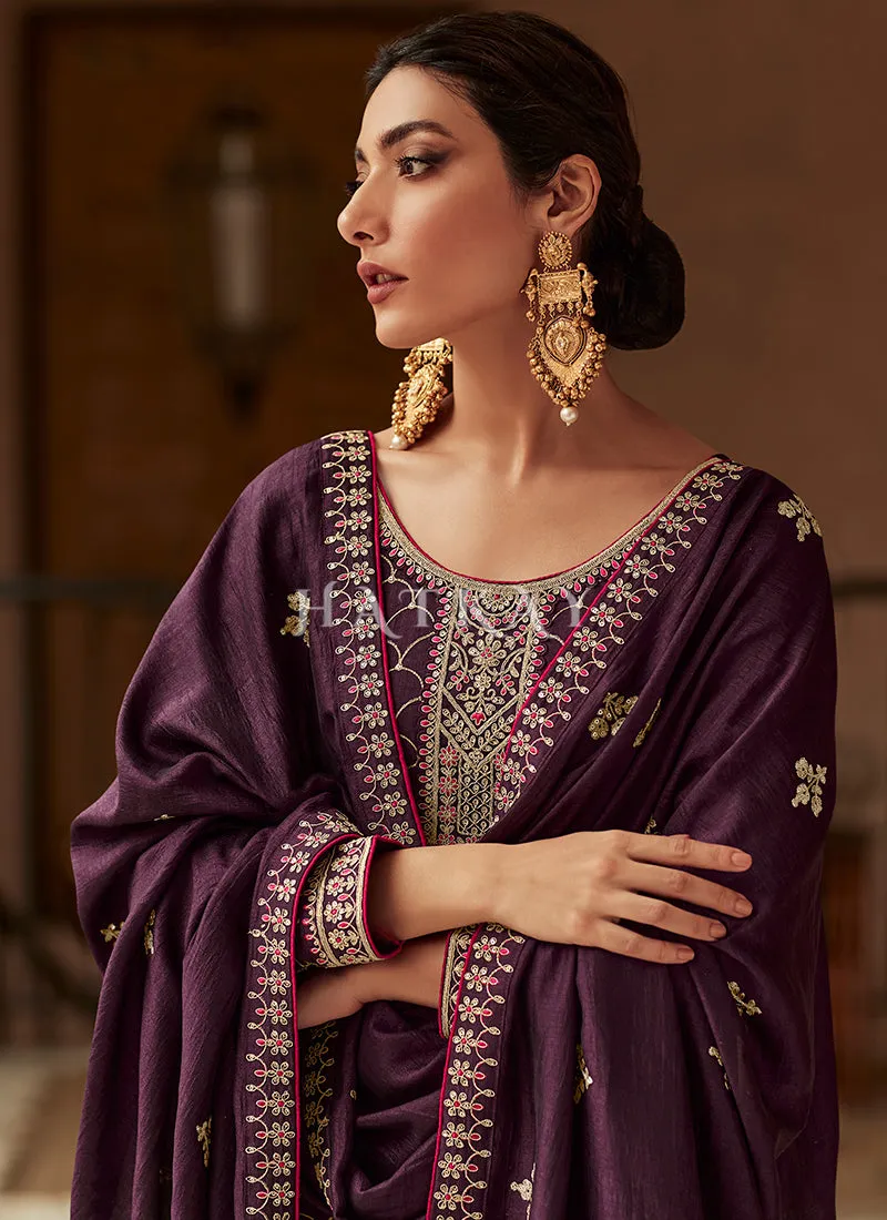 Dark Purple Embroidery Traditional Silk Salwar Kameez