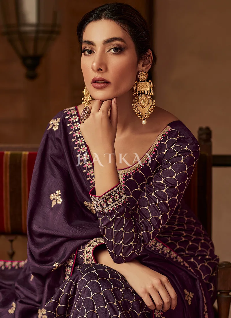 Dark Purple Embroidery Traditional Silk Salwar Kameez