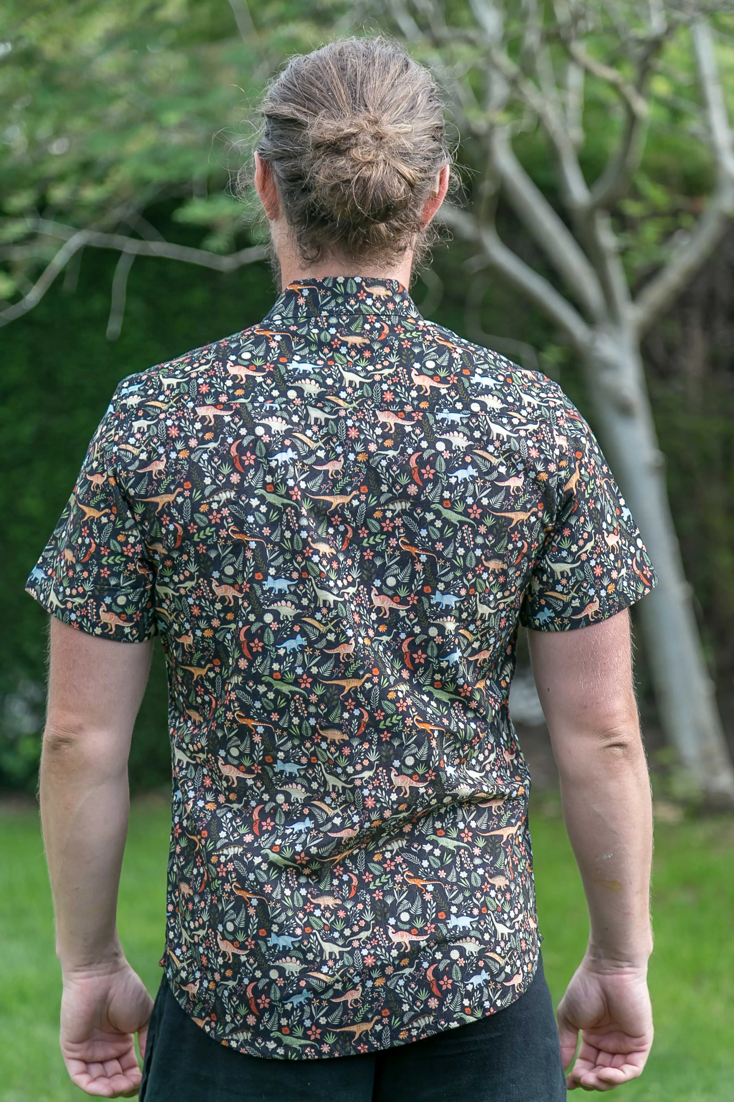 Dinosaur Floral Cotton Slim Fit Mens Shirt Short Sleeve