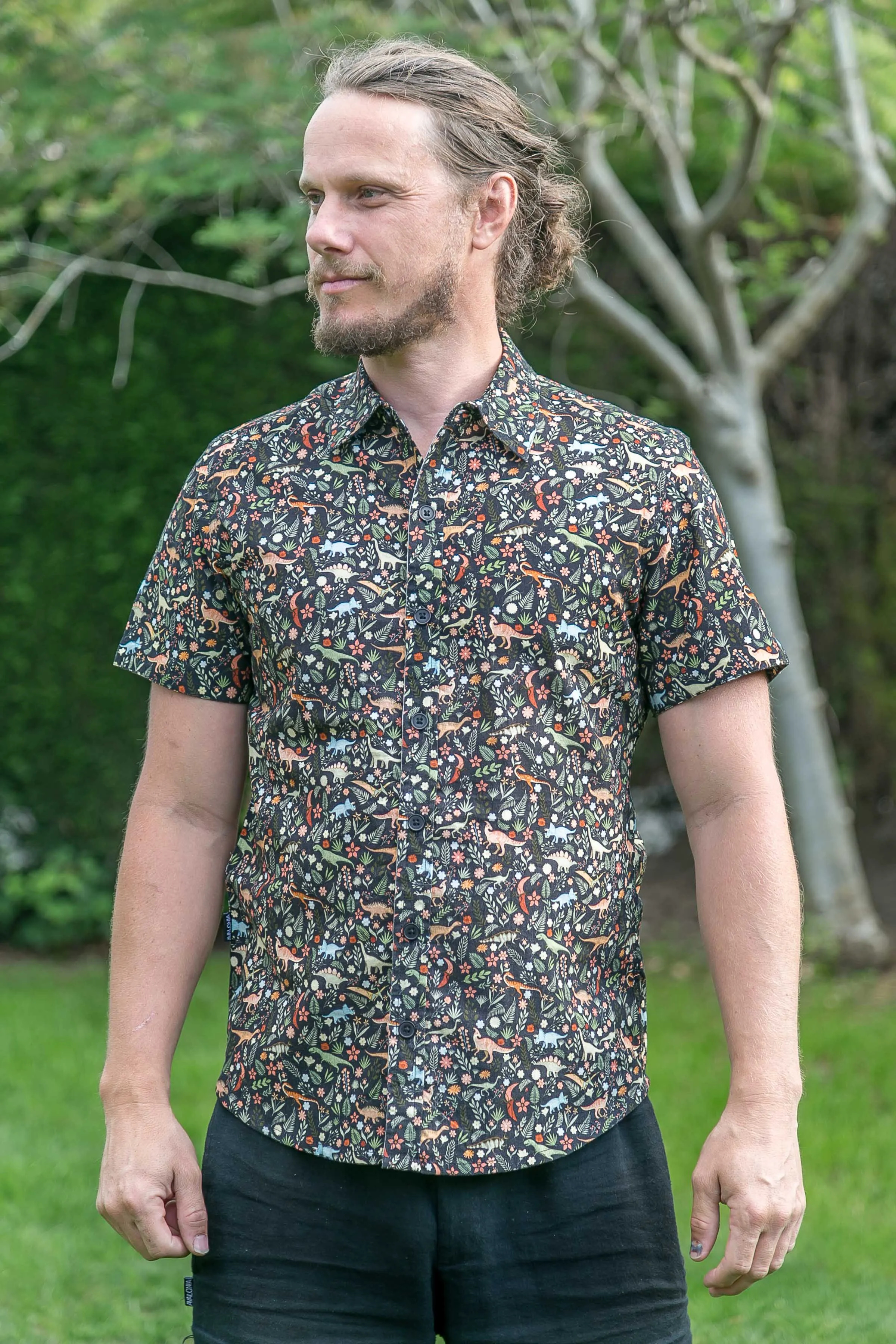 Dinosaur Floral Cotton Slim Fit Mens Shirt Short Sleeve