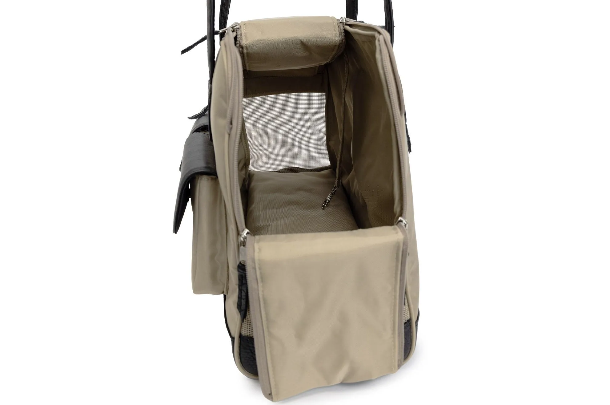 Dog Carrier - Cargo Carrier with Leather Trim - Beige/Black Leather - Beige Nylon