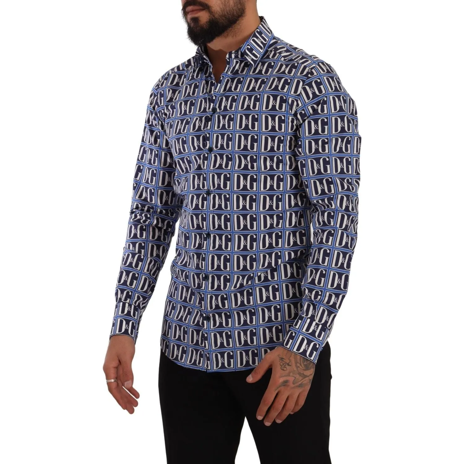 Dolce & Gabbana Slim Fit Blue Logo Cotton Shirt